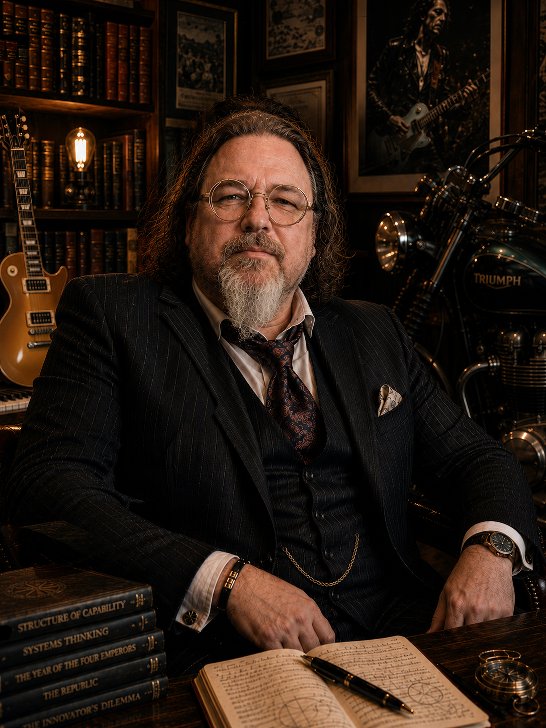 Dr. Simon E. Mills seated at his desk in a pinstripe three-piece suit, surrounded by books, a guitar and a Triumph motorcycle